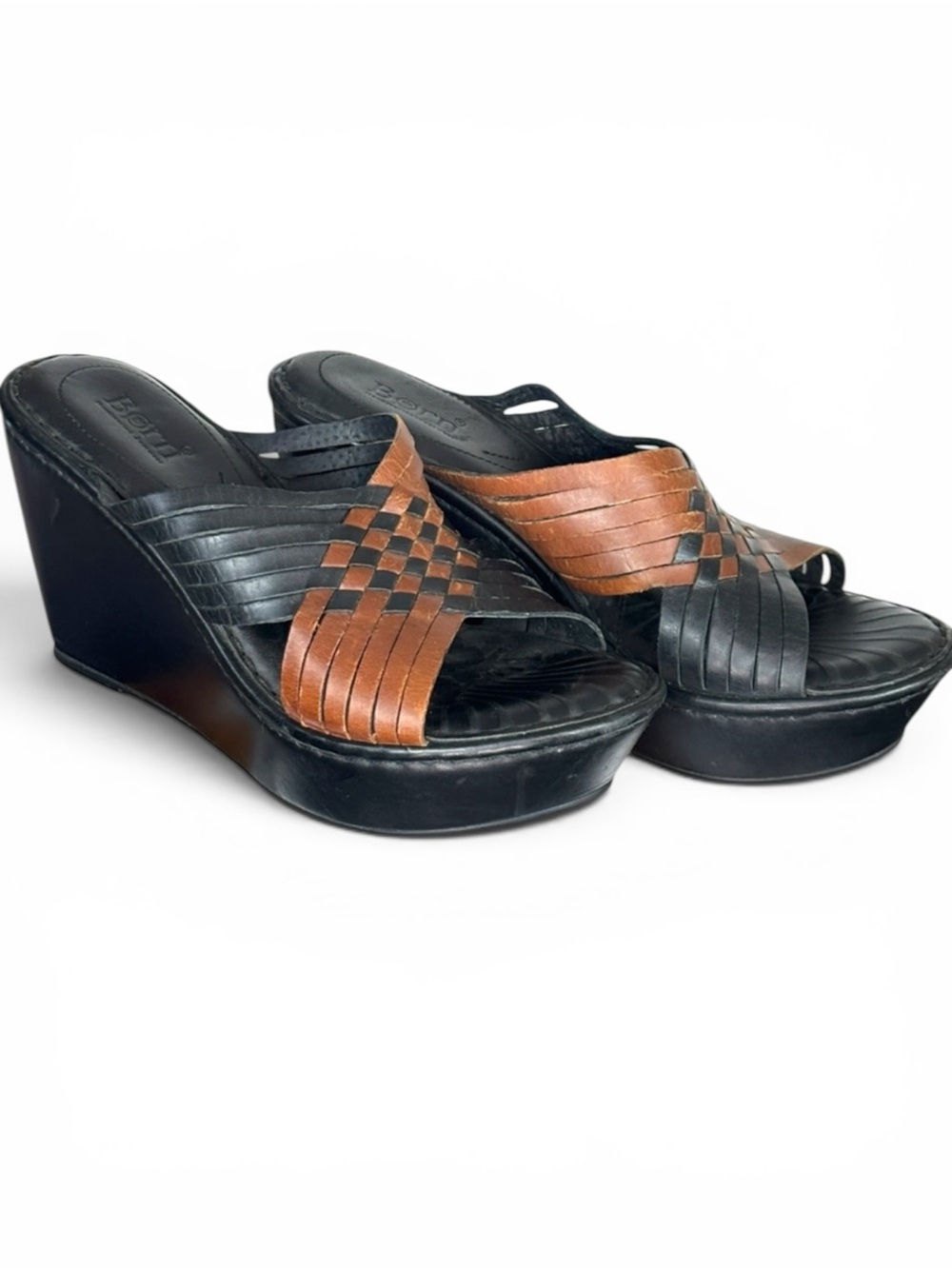 Born Millia Leather Platform Wedge Slide Mule Sandals Brown Black Sz 7